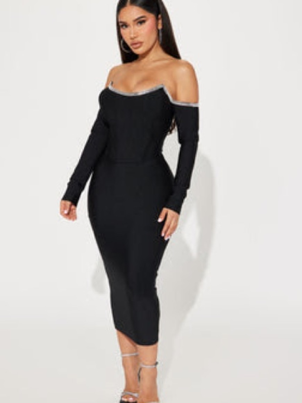 Fashion Nova Black Off-Shoulder Midi Dress with Silver Trim